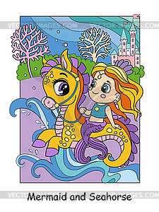 Beauty cute mermaid rides an seahorse colorful - vector image