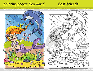 Coloring and color cute mermaid swims with dolphin - vector clip art