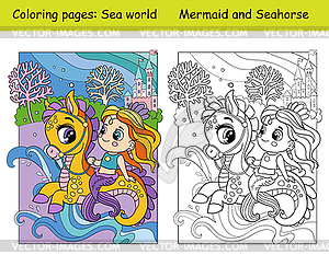 Coloring and color cute mermaid rides seahorse - vector clipart