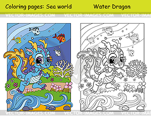Раскраска и раскраска милый дракончик плавает с рыбками - стоковый клипарт