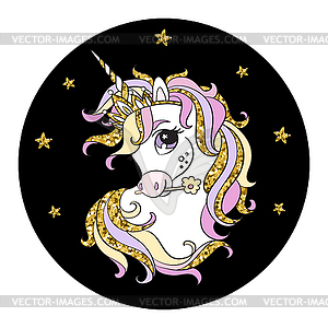 Dreaning cartoon unicorn golden on black - vector clipart