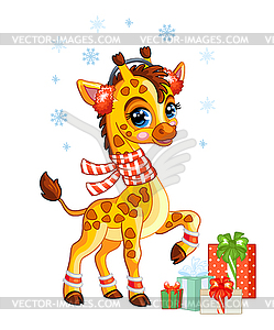 Cute Christmas giraffe with gifts - vector clip art