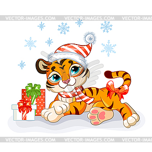 Cute Christmas lying tiger with gifts - vector clip art