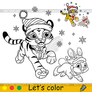 Coloring christmas tiger runs with rabbit - vector clipart / vector image