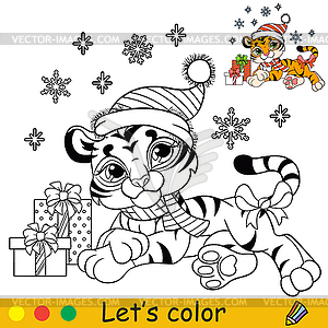 Coloring christmas tiger lying with presents - color vector clipart