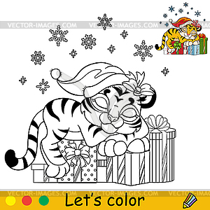 Coloring christmas tiger sleeping on presents - vector image