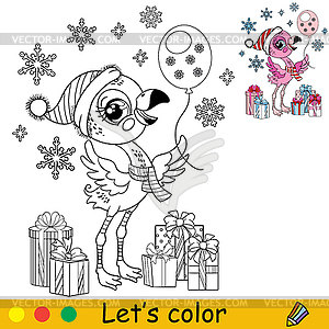 Coloring cute Christmas flamingo with balloon - vector image