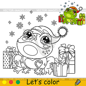 Coloring cute happy Christmas frog - vector image