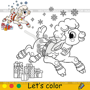 Coloring cute happy Christmas lamb - vector clip art