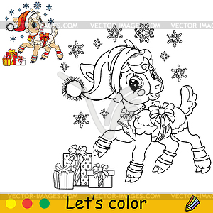 Coloring cute Christmas lamb with gifts - color vector clipart