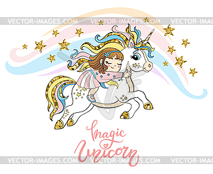 Cute flying unicorn and dreaming girl - vector image