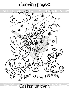 Coloring book page cute unicorn with Easter bunny - vector clipart