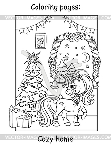 Coloring book page cute unicorn in cozy house - vector image