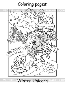 Coloring book page cute unicorn on winter background - vector image