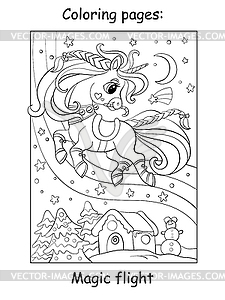 Coloring book page cute christmas flying unicorn - vector clipart