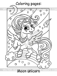 Coloring book page cute flying unicorn with moon - vector clip art