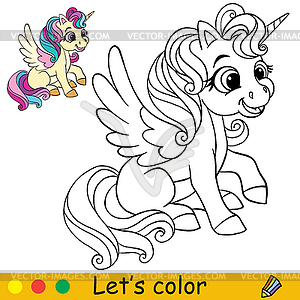 Coloring with template cute sitting unicorn - vector clipart