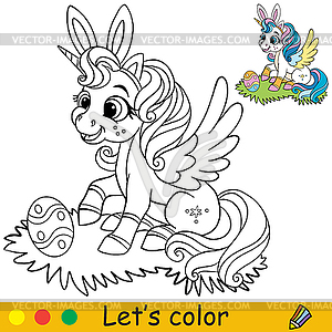 Coloring with template cute sitting easter unicorn - vector EPS clipart