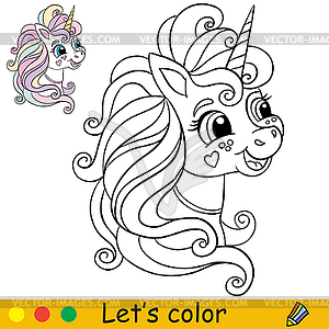 Coloring with template funny unicorn head - vector clipart
