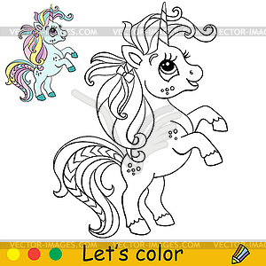 Coloring with template funny turquoise unicorn - vector clipart