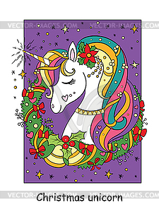 Cute unicorn head with christmas wreath - vector clipart