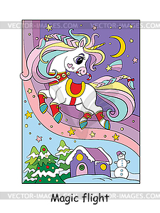 Cute christmas flying unicorn color - vector image