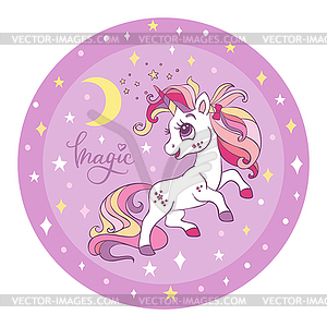 Cute joyful unicorn with moon circle purple - vector image