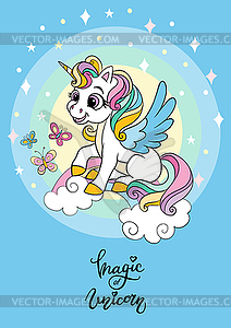 Cartoon unicorn on raindow poster - vector image