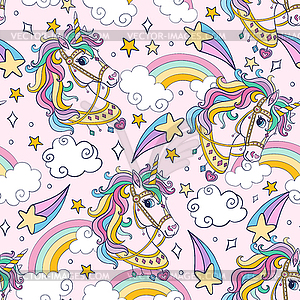 Cute unicorns head with elements seamless pattern - vector image