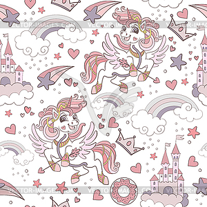 Cute unicorns with hearts and castle seamless - vector clipart