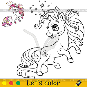 Coloring with template unicorn with pink long mane - vector clipart