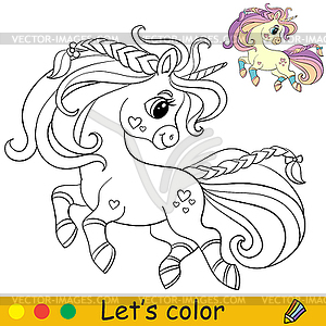 Coloring and template cute unicorn - vector clip art