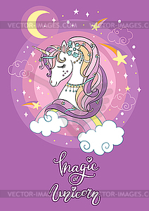 Cartoon cute dreaming unicorn poster - vector clipart