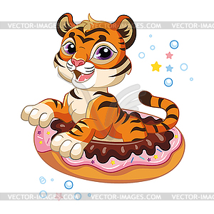 Cute tiger in an inflatable circle - royalty-free vector clipart