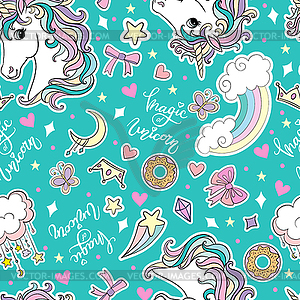 Seamless pattern unicorns heads and magic elements - vector image