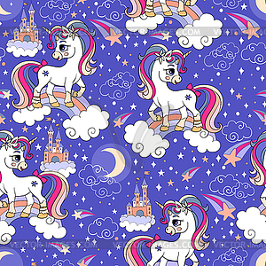 Seamless pattern cute unicorns and magic elements - vector clipart