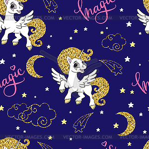 Seamless pattern cute cartoon unicorn with golden - royalty-free vector clipart
