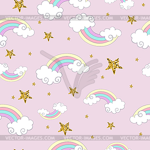 Seamless pattern with rainbow and golden stars - vector image
