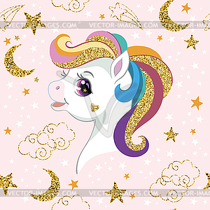 Cute unicorn head with golden mane seamless pattern - vector clipart