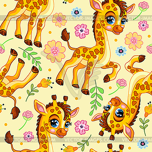 Seamless pattern with cute giraffes and flowers - vector image