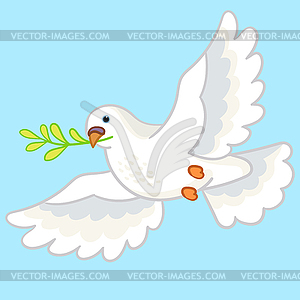 Cute cartoon dove bird with branch of plant - vector clipart