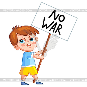 Angry boy with banner no war - vector clip art