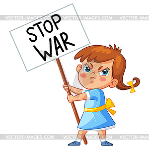 Angry girl with banner stop war - vector clip art