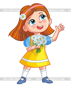 Счастливая мультяшная девушка с букетом ромашек - векторное изображение