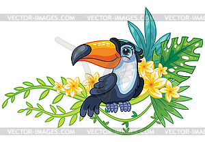 Cute cartoon toucan with flowers - vector image