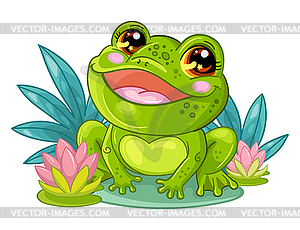 Cute cartoon frog with flowers - vector clipart / vector image