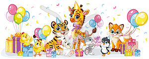 Cute wildlife cartoon animals border birthday banner - vector clip art