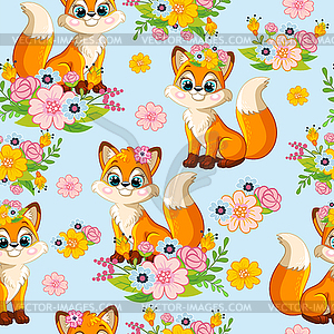 Seamless pattern with cute fox background blue - vector image