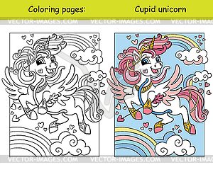 Coloring with template cute unicorn with rainbow - vector clipart