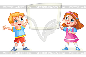 Cartoon girl and boy with empty banner - vector image